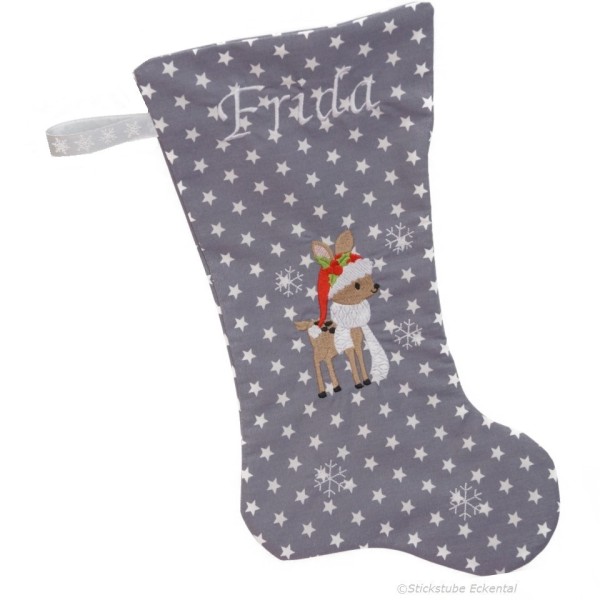 Nikolausstiefel Rentier Stofffarbe grau Name weiss